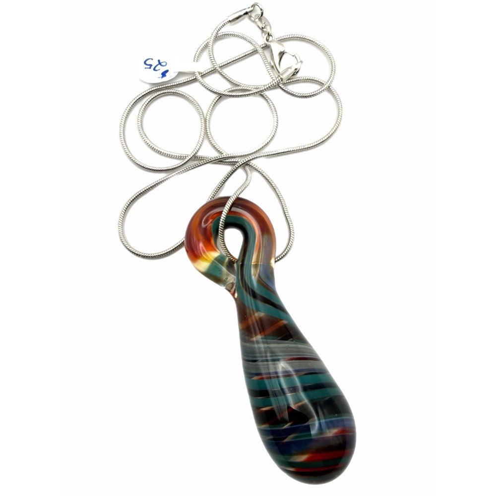 Hand Blown Art Glass Teardrop Pendant Necklace Teal Amber Swirl Snake Chain